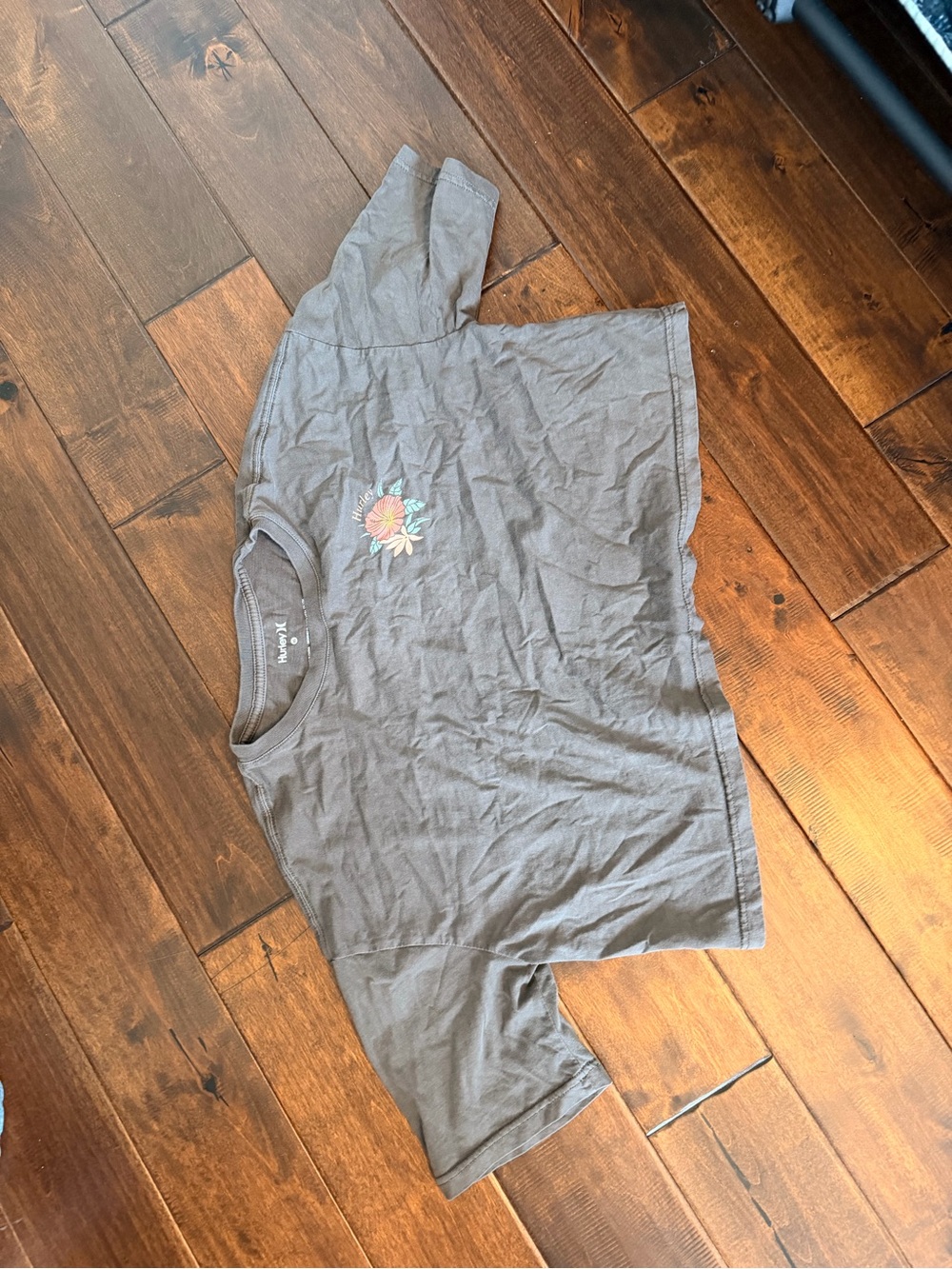 Hurley Grey Crop Tee with Small Floral Accent